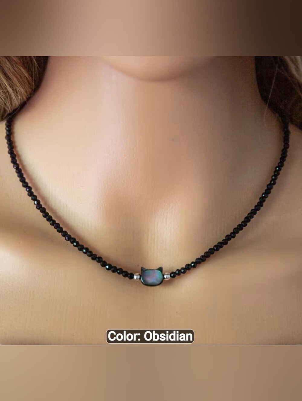 🐈‍⬛🐈‍⬛NEW🐈‍⬛🐈‍⬛ PRETTY!! Faceted Natural Stone OBSIDIANBlackCat HeadNecklace